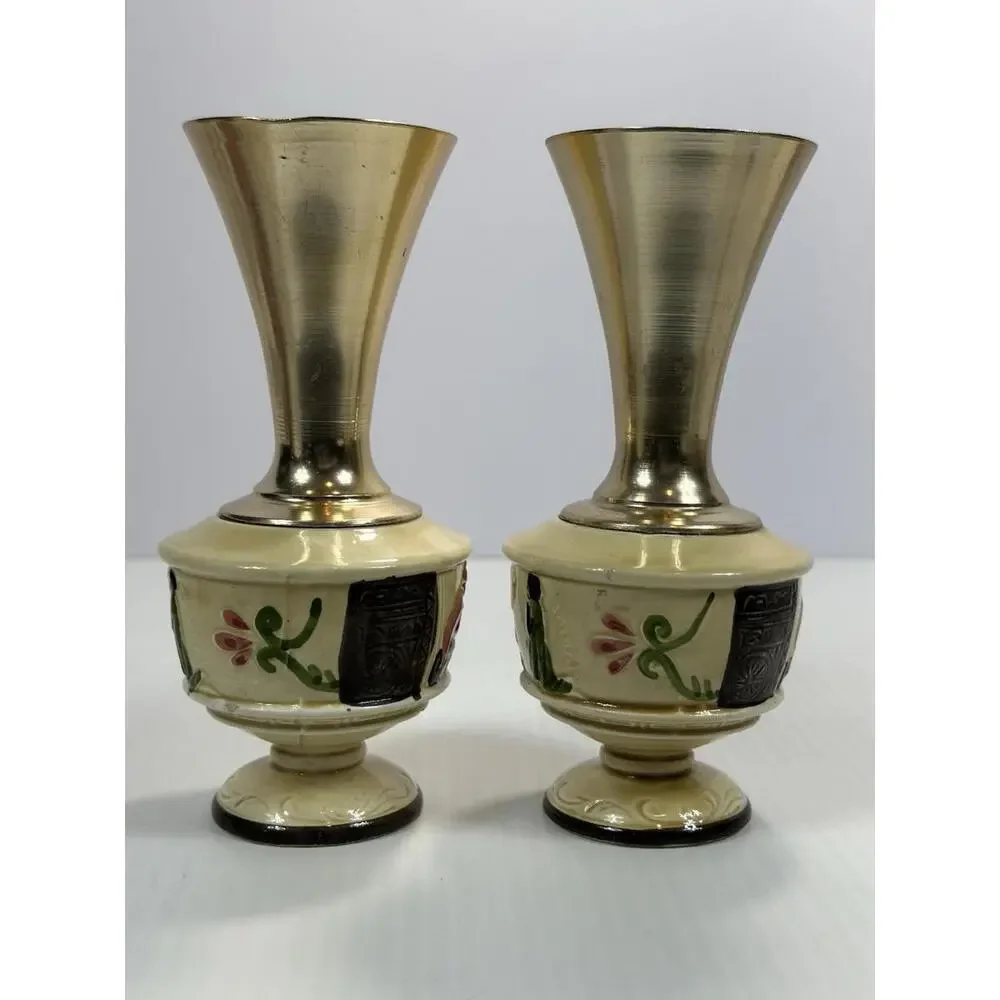 Vintage Mid Century Modern Metal‎ Ceramic Vase Decor Handmade Painted Grecian